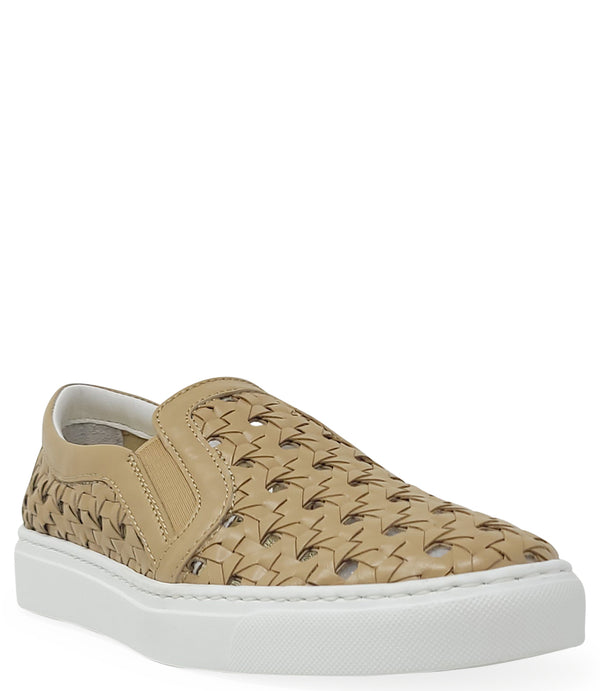 Handmade Italian slip-on sneaker featuring a woven leather upper, elastic side panels for flexibility, and a contrasting flat sole. Shown from multiple angles against a clean background.