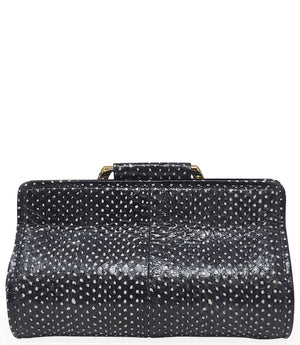 Structured mini handbag crafted from textured leather with a dotted pattern, featuring a sculptural metal snake-shaped top handle with dual serpent heads. Includes a detachable adjustable leather strap with metal clasps for versatile wear as a crossbody o