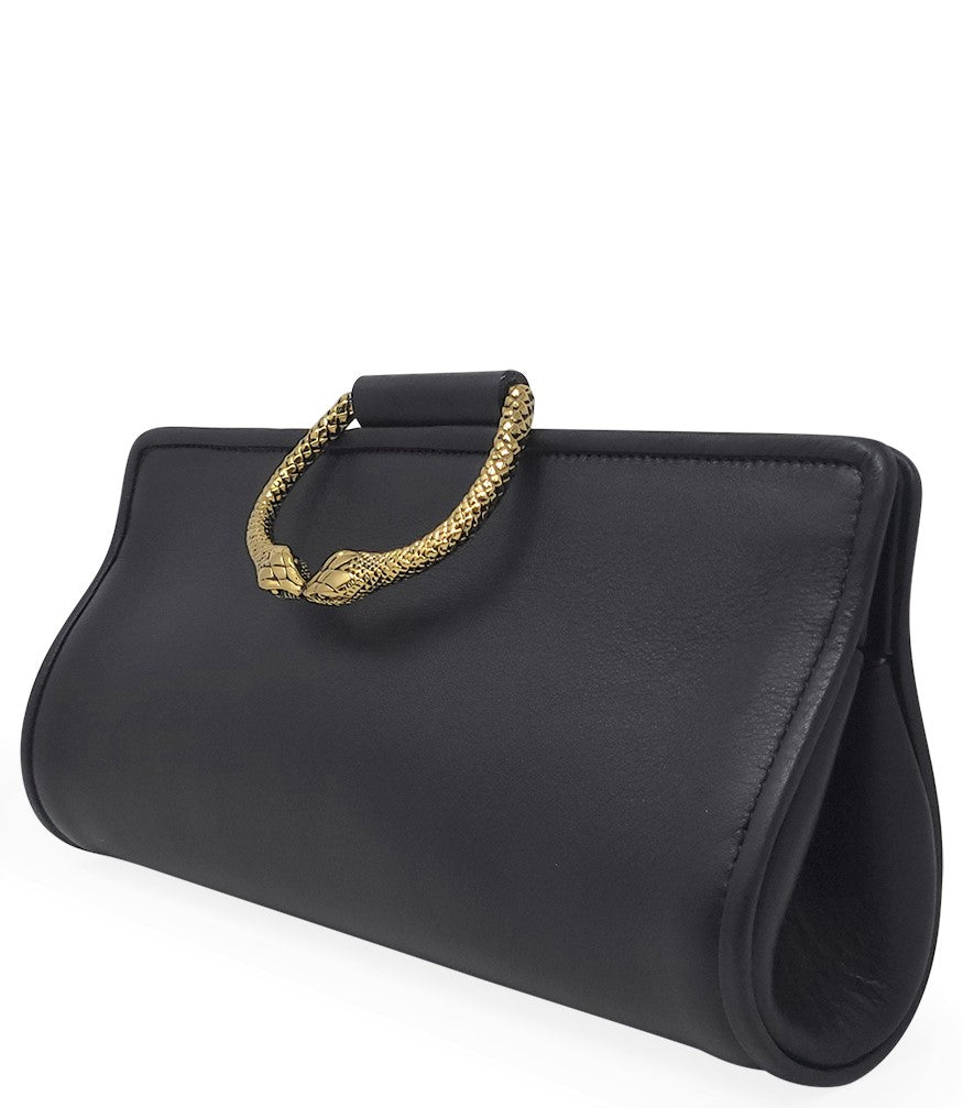 Tramontano Black Leather Large Clutch W/ Snake Handle - MADISON MAISON