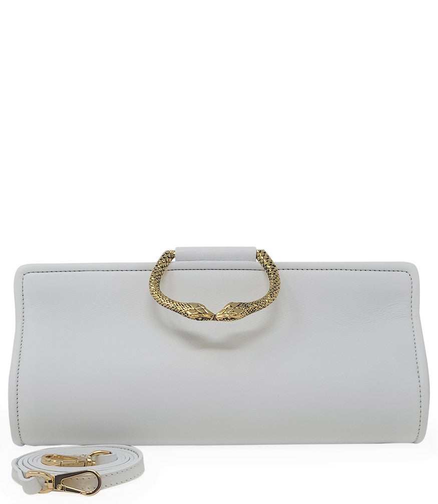 Tramontano White Leather Large Clutch W/ Snake Handle - MADISON MAISON