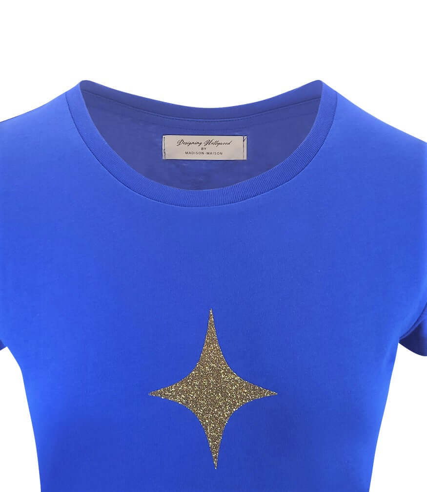 Mid-blue cotton T-shirt with gold four-point star on back