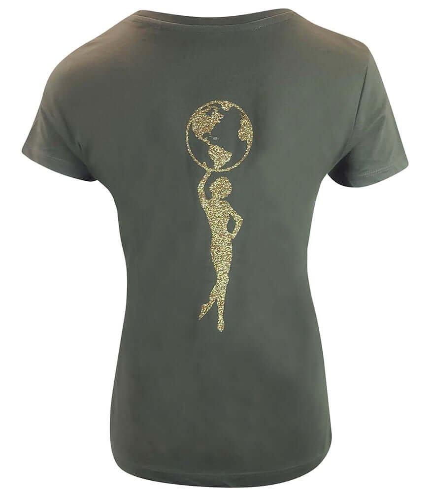 Women's cotton army green T-shirt with gold star graphic (front view)