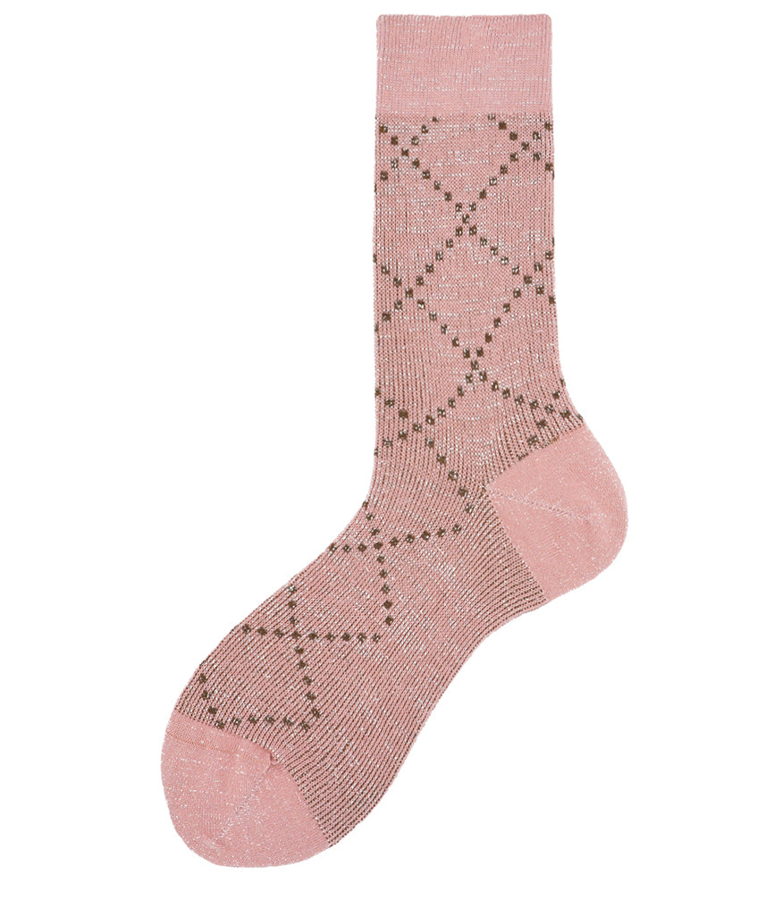 A mid-calf knit sock featuring a mix of textured panels, ribbed leg section, and bold horizontal stripes around the arch and cuff.