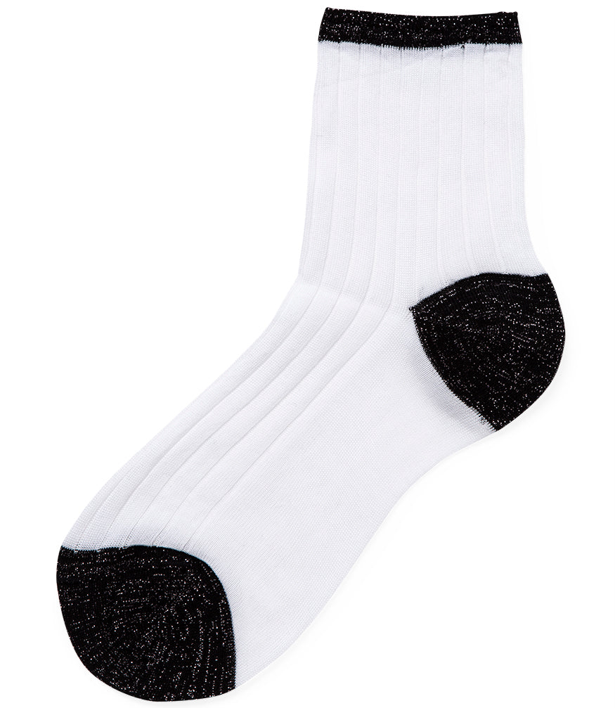 A mid-calf knit sock featuring a mix of textured panels, ribbed leg section, and bold horizontal stripes around the arch and cuff.