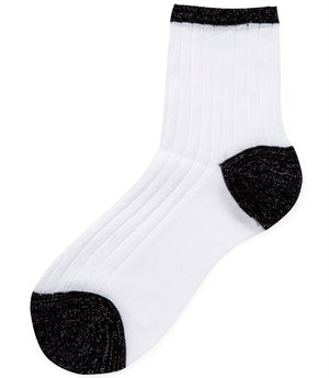 A mid-calf knit sock featuring a mix of textured panels, ribbed leg section, and bold horizontal stripes around the arch and cuff.