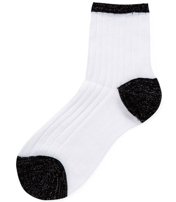 A mid-calf knit sock featuring a mix of textured panels, ribbed leg section, and bold horizontal stripes around the arch and cuff.