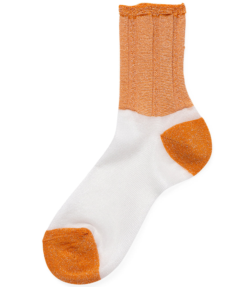 A mid-calf knit sock featuring a mix of textured panels, ribbed leg section, and bold horizontal stripes around the arch and cuff.