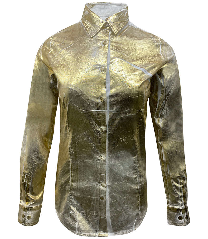 denim button up shirt with gold laminated outer