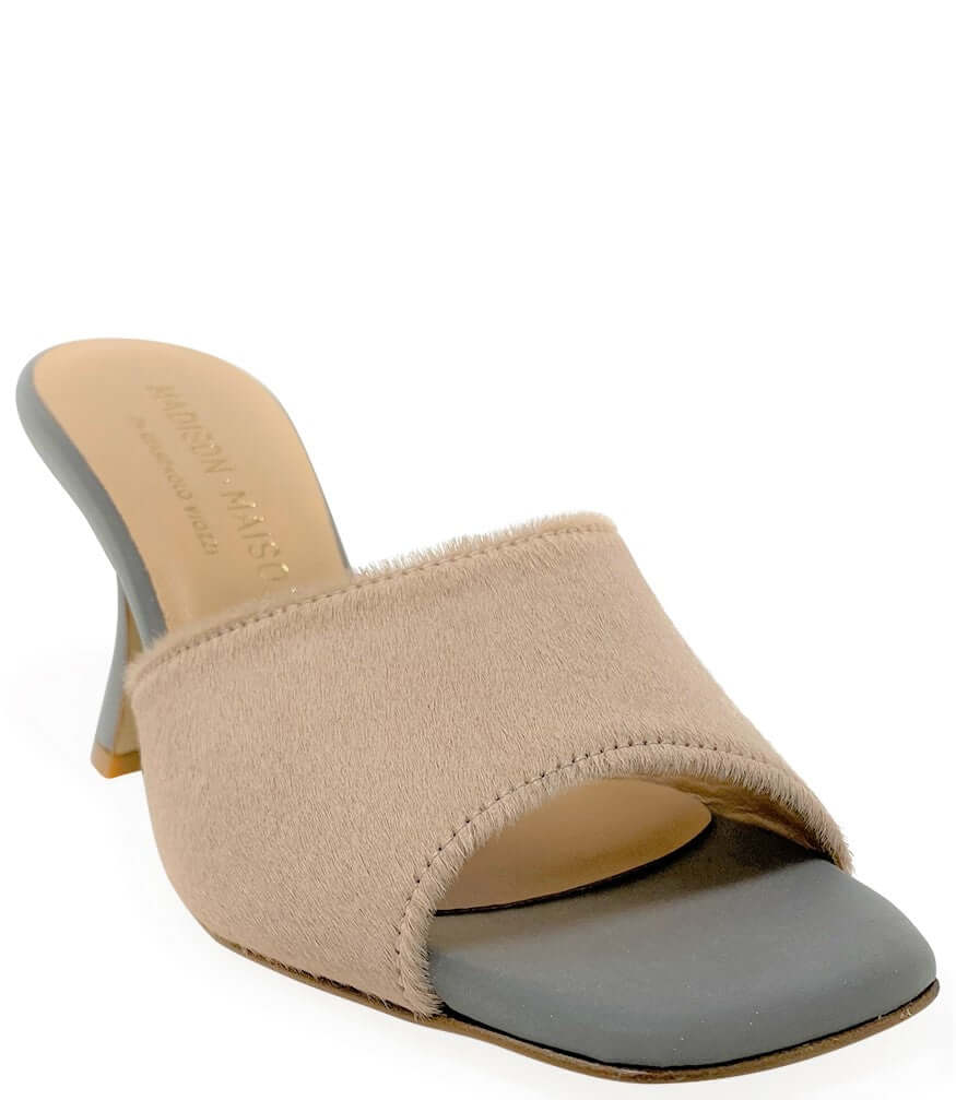 Beige calf hair mule with open back and mid block heel
