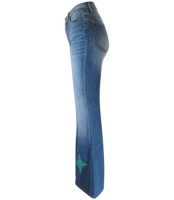 Flared-leg pants made in Italy with a mid-rise fit, featuring front and back pockets and star-shaped accents on the hip, lower leg, and back pocket. Displayed from multiple angles against a clean background
