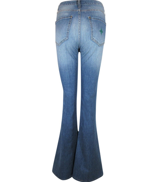 Flared-leg pants made in Italy with a mid-rise fit, featuring front and back pockets and star-shaped accents on the hip, lower leg, and back pocket. Displayed from multiple angles against a clean background