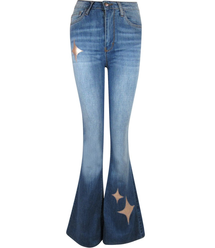 Flared-leg pants made in Italy with a mid-rise fit, featuring front and back pockets and star-shaped accents on the hip, lower leg, and back pocket. Displayed from multiple angles against a clean background
