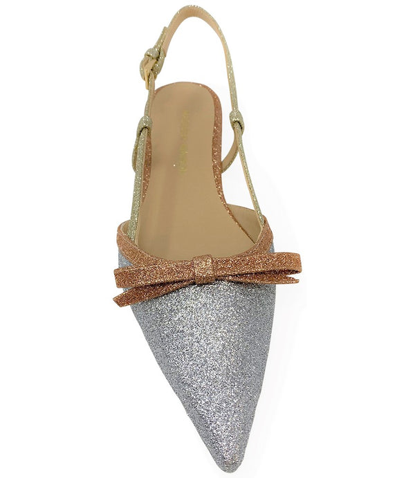 Silver and rose gold glitter slingback flat shoes with a pointed toe and bow detail, adjustable strap, made in Italy.