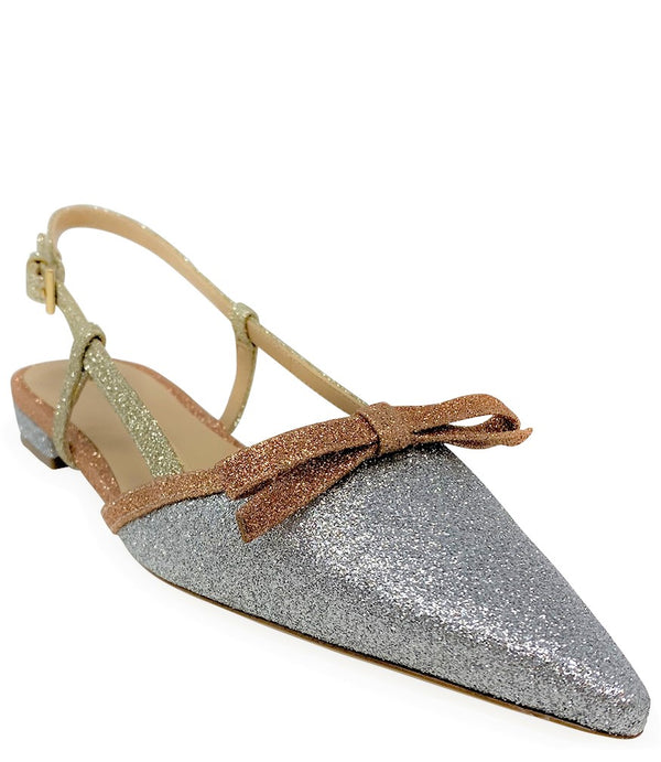 Silver and rose gold glitter flat slingback shoes with a pointed toe and bow detail.