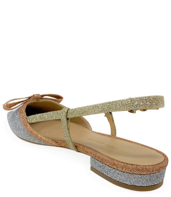 Back view of Silver Rose Gold Glitter Flat Slingback, featuring pointed toe, adjustable strap, and high-quality glitter finish.