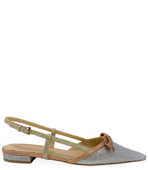 Sleek silver and rose gold glitter flat slingback with adjustable strap and bow detail, perfect for stylish occasions.