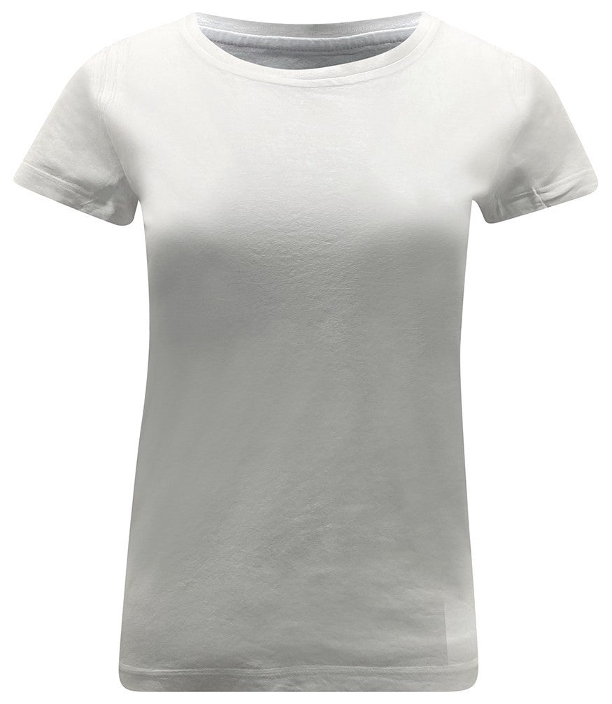 Short-sleeve crew neck T-shirt made from a soft, stretch-finish fabric with a subtle sheen. Features a fitted silhouette with clean stitching and minimal seams.