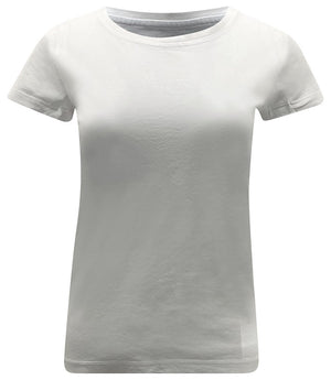 Short-sleeve crew neck T-shirt made from a soft, stretch-finish fabric with a subtle sheen. Features a fitted silhouette with clean stitching and minimal seams.