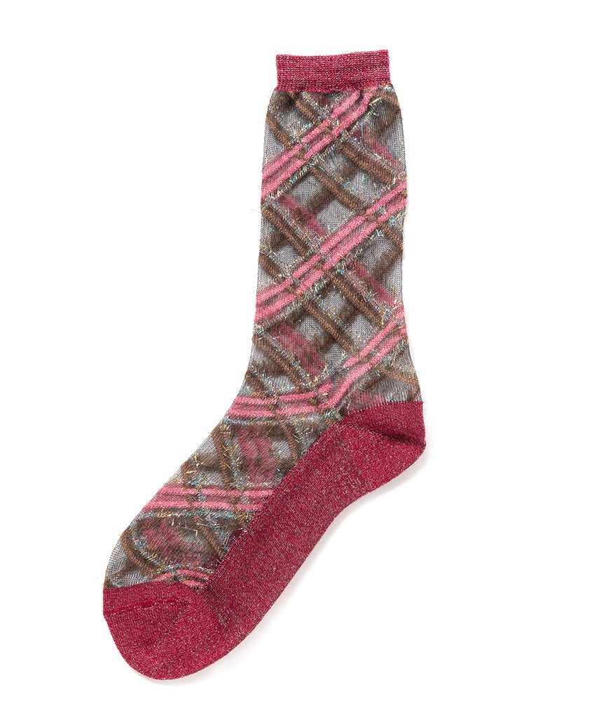 A mid-calf knit sock featuring a mix of textured panels, ribbed leg section, and bold horizontal stripes around the arch and cuff.