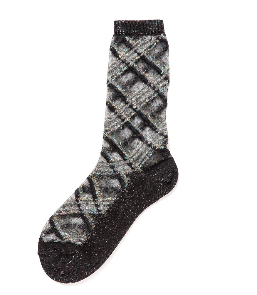 A mid-calf knit sock featuring a mix of textured panels, ribbed leg section, and bold horizontal stripes around the arch and cuff.