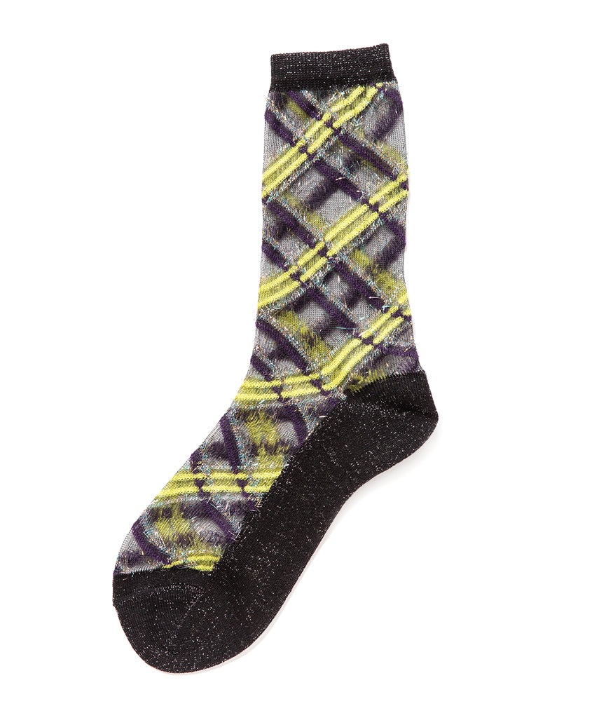 A mid-calf knit sock featuring a mix of textured panels, ribbed leg section, and bold horizontal stripes around the arch and cuff.
