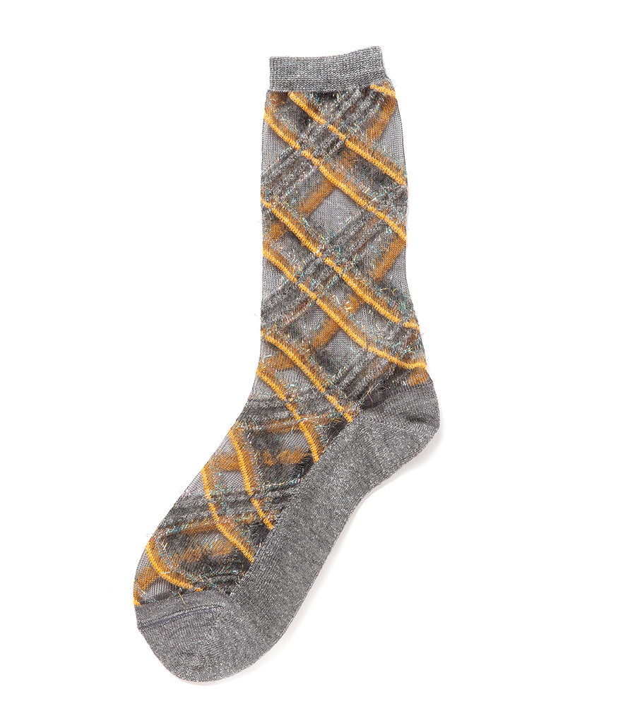A mid-calf knit sock featuring a mix of textured panels, ribbed leg section, and bold horizontal stripes around the arch and cuff.