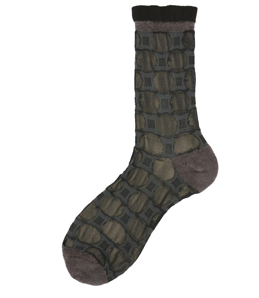 A mid-calf knit sock featuring a mix of textured panels, ribbed leg section, and bold horizontal stripes around the arch and cuff.