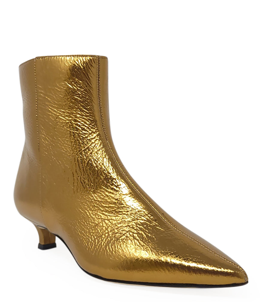 Bronze metallic ankle boot with pointed toe and low kitten heel