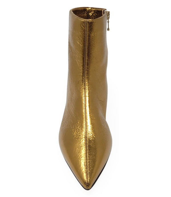 Pointed-toe ankle boot crafted from crinkled metallic leather, featuring a sleek side profile and a low kitten heel. Designed with a side zip closure for easy wear, a leather-lined interior for comfort, and a durable leather outsole. Contemporary and stre