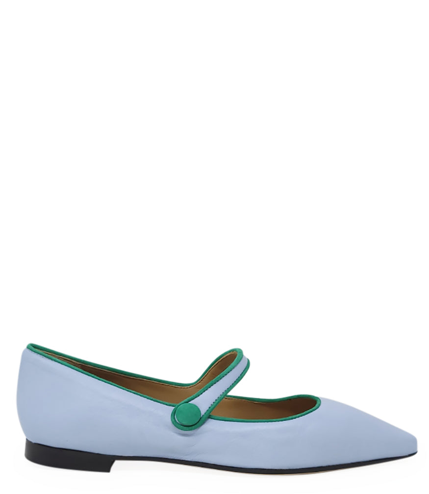 Pointed-toe Mary Jane flat crafted from smooth leather with contrast trim detailing and a single buttoned strap across the instep. Features a leather-lined interior, cushioned footbed for comfort, and a low stacked heel for everyday wear. Contemporary, pl