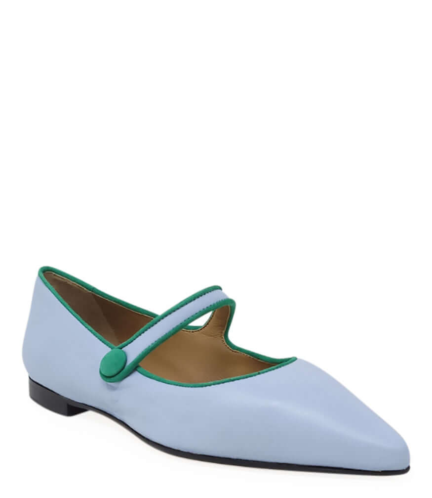 Light blue leather pointy ballet flats with green trim and flat black sole