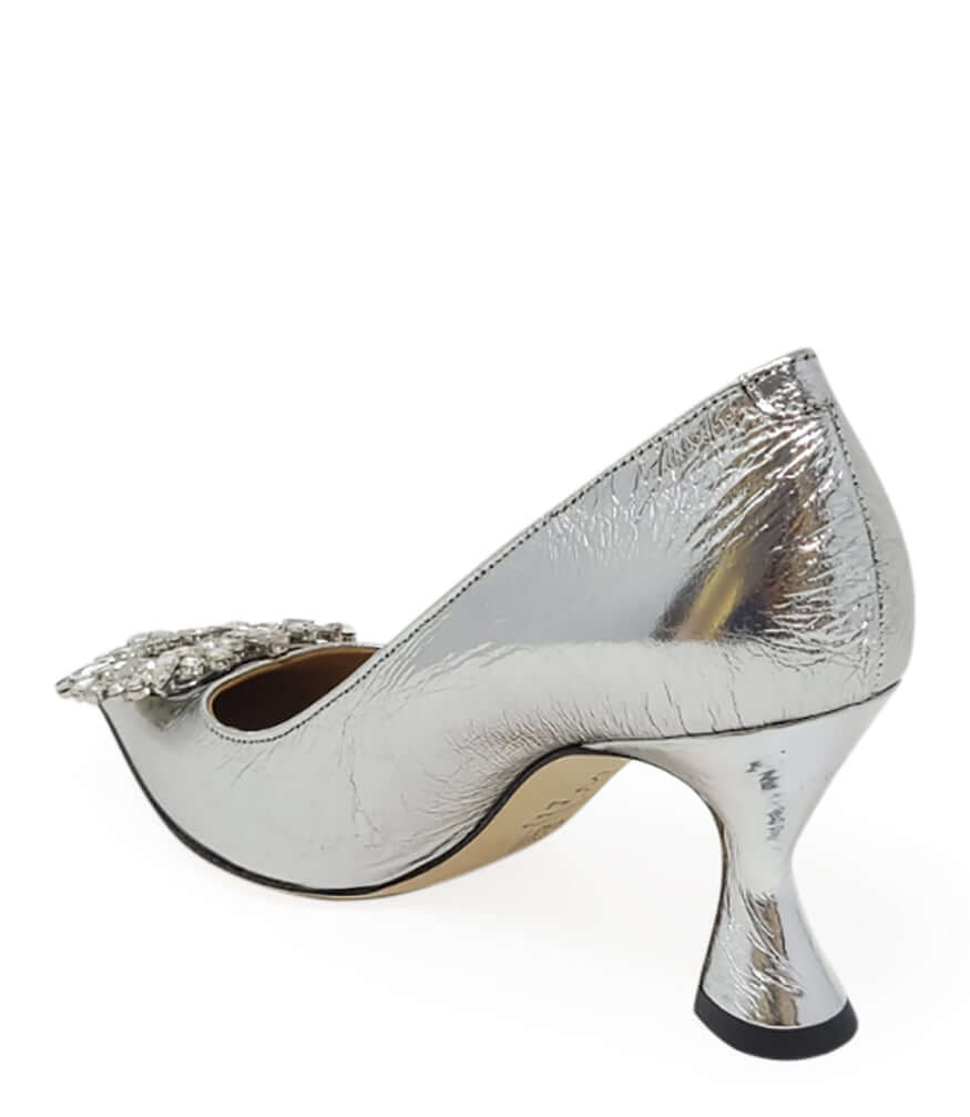 Silver metallic leather pointed-toe pump with jeweled toe detail and kitten heel