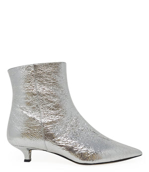 Pointed-toe ankle boot crafted from crinkled metallic leather, featuring a sleek side profile and a low kitten heel. Designed with a side zip closure for easy wear, a leather-lined interior for comfort, and a durable leather outsole. Contemporary and stre
