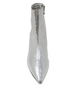 Pointed-toe ankle boot crafted from crinkled metallic leather, featuring a sleek side profile and a low kitten heel. Designed with a side zip closure for easy wear, a leather-lined interior for comfort, and a durable leather outsole. Contemporary and stre