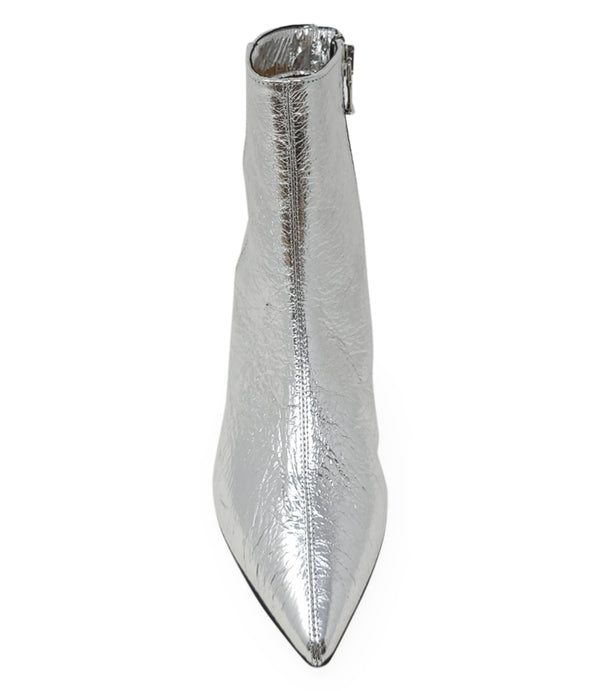 Pointed-toe ankle boot crafted from crinkled metallic leather, featuring a sleek side profile and a low kitten heel. Designed with a side zip closure for easy wear, a leather-lined interior for comfort, and a durable leather outsole. Contemporary and stre