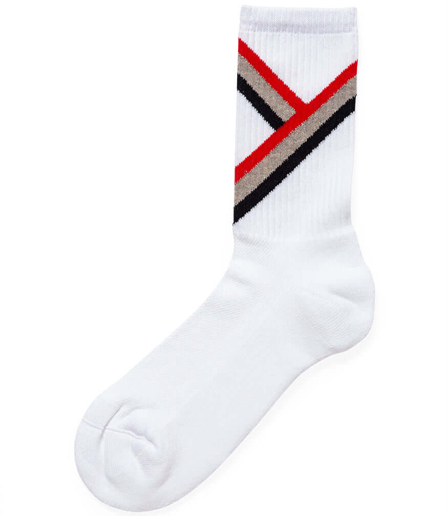 A mid-calf knit sock featuring a mix of textured panels, ribbed leg section, and bold horizontal stripes around the arch and cuff.