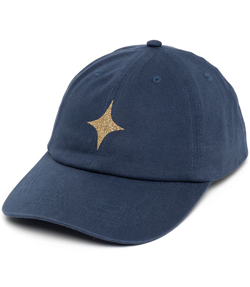 baseball cap with gold glitter star on front and an adjustable strap at back