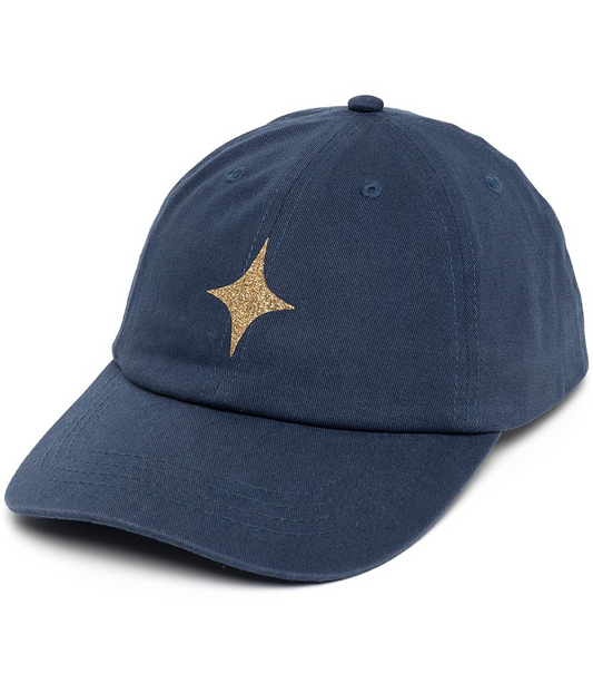 baseball cap with gold glitter star on front and an adjustable strap at back