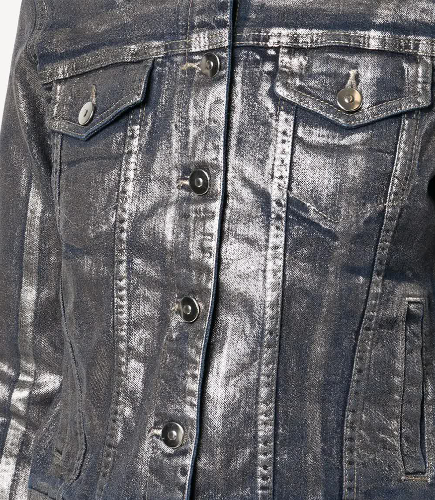 denim jacket with metallic details on outer 