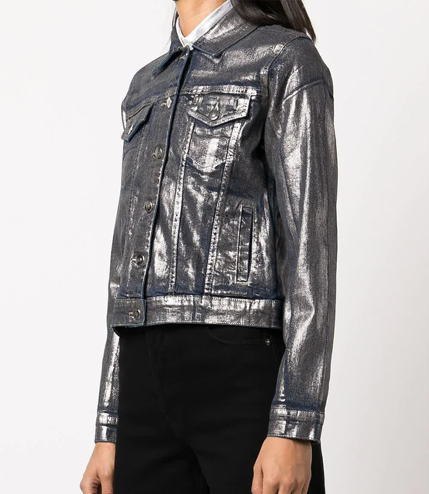 denim jacket with metallic details on outer 