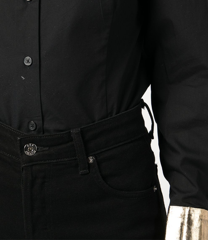 black cotton shirt with gold laminated cuffs and gold neck collar 