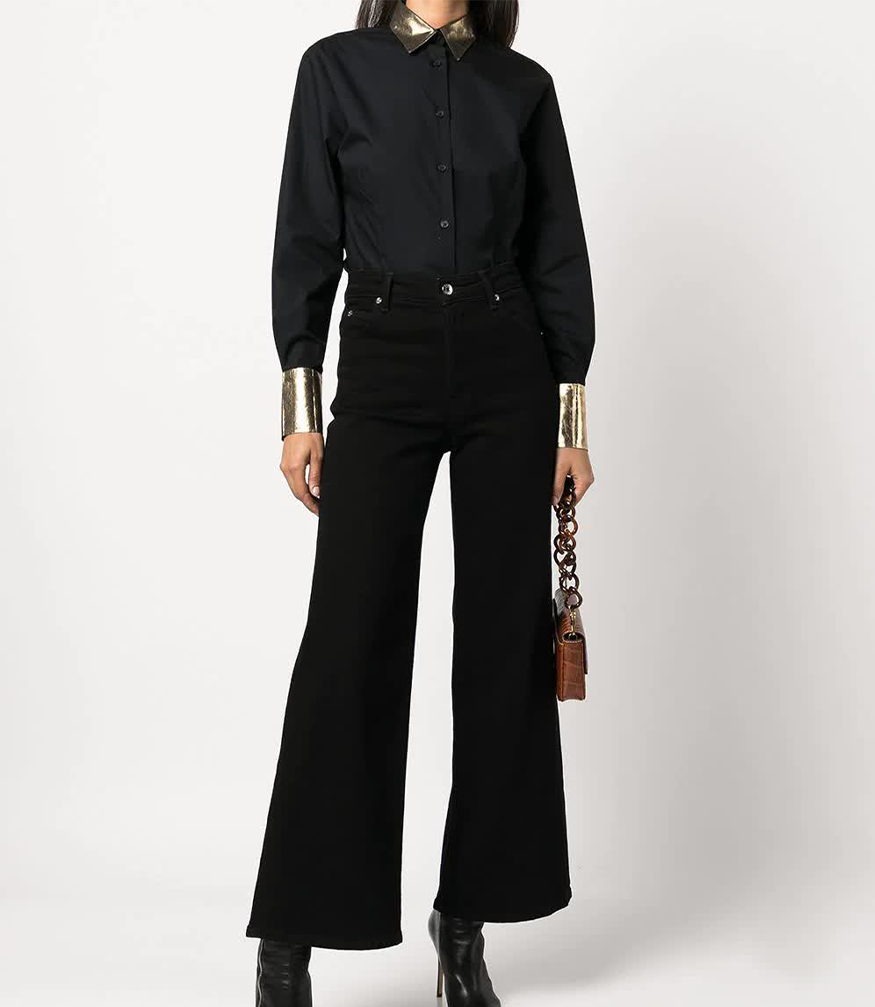 black cotton shirt with gold laminated cuffs and gold neck collar 