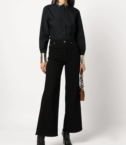 black cotton shirt with gold laminated cuffs and gold neck collar 