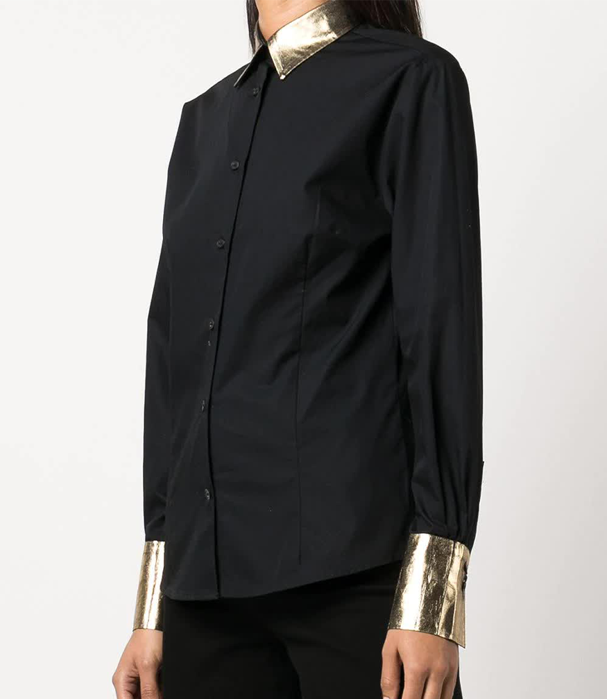 black cotton shirt with gold laminated cuffs and gold neck collar 