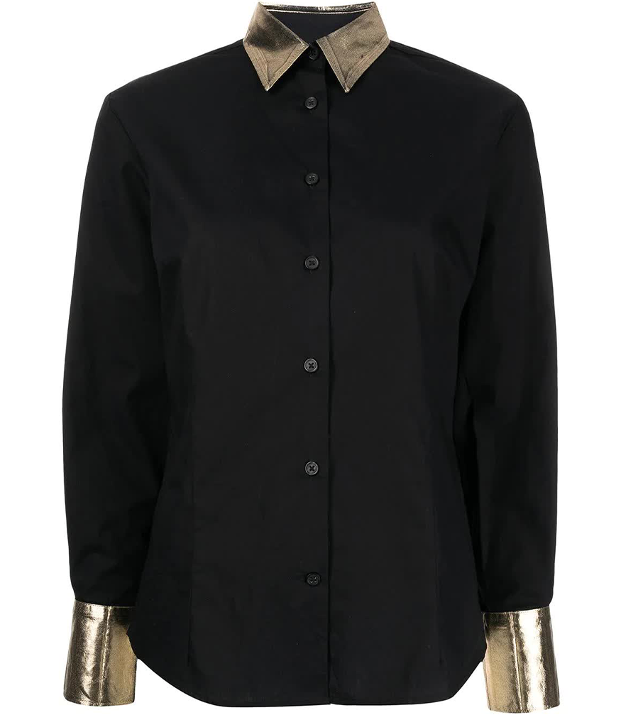 black cotton shirt with gold laminated cuffs and gold neck collar 