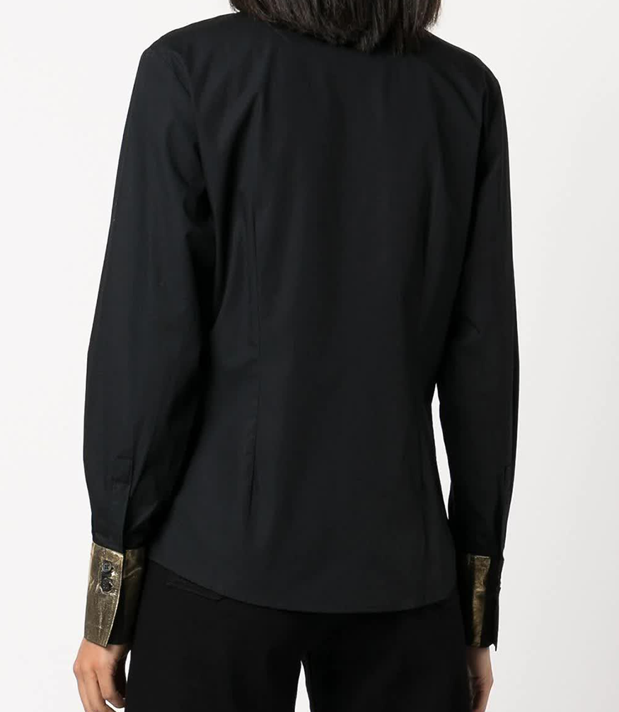 black cotton shirt with gold laminated cuffs and gold neck collar 