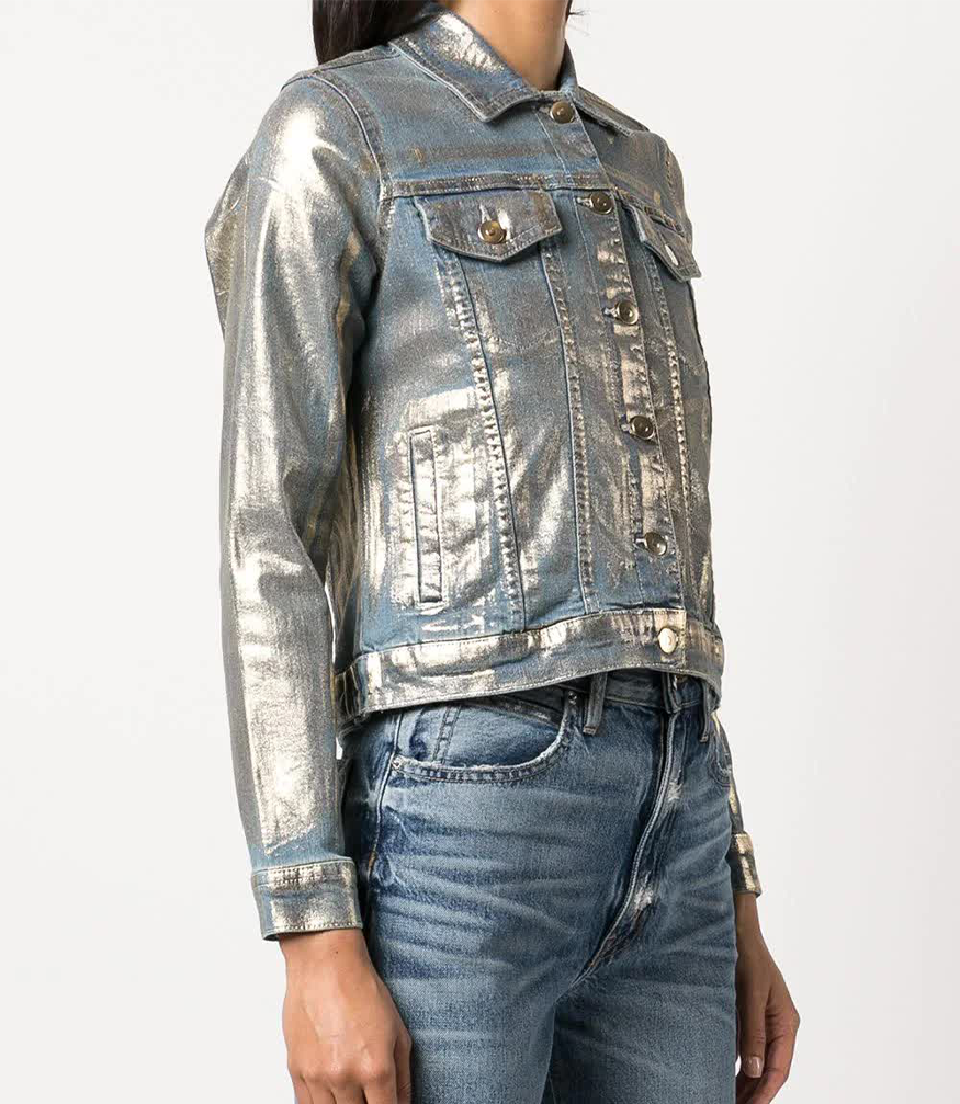 denim jacket with metallic details on outer 