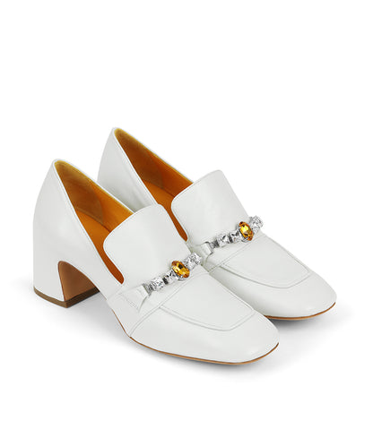 MADISON MAISON WHITE LEATHER MID HEEL JEWELED LOAFER - MADISON