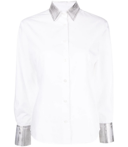 white cotton button shirt with silver cuffs and silver neck collar 