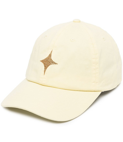 baseball cap with gold glitter star on front and an adjustable strap at back